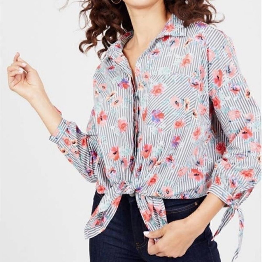 Sanctuary Striped Floral Print Button Down Shirt Long Sleeve preppy Career
